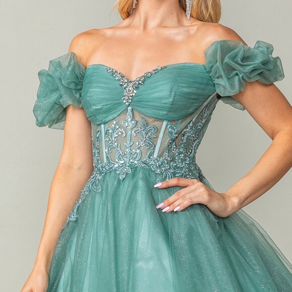 New Sage Off The Shoulder Mini Tulle Gown w/ Rhinestones Embroidery DQ 3379 - Picture 8 of 9